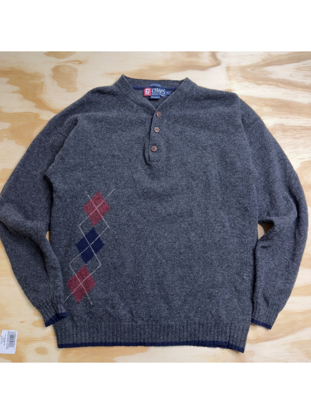Chaps Ralph Lauren Vintage Lambswool Henley Argyle Detail Sweater Size M
